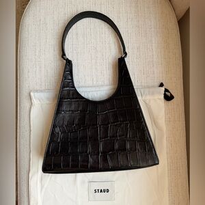 STAUD Rey Bag - Black Croc-Embossed Shoulder Bag